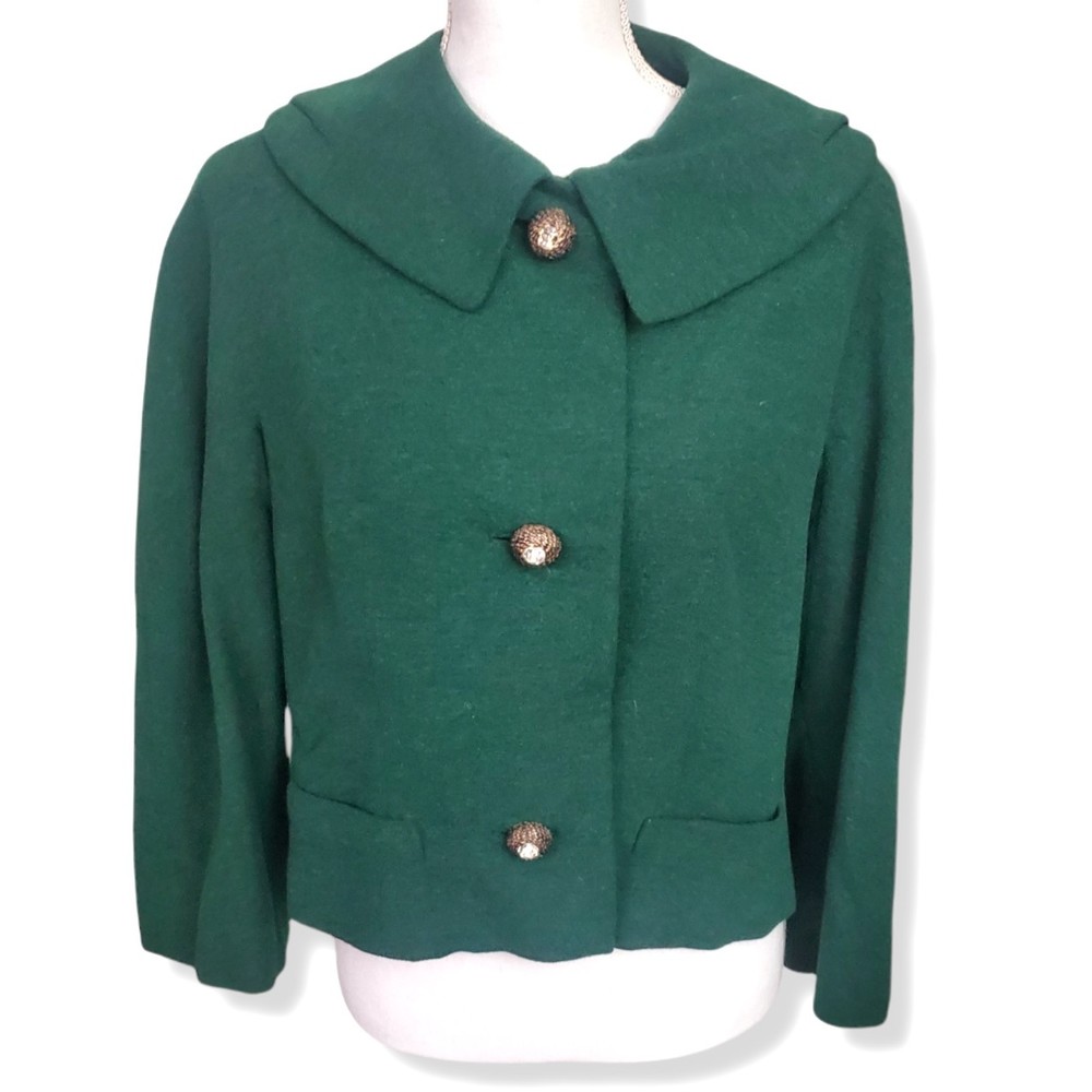 Vtg.1950's Jablow Original Green Wool Blend Jacket w/ Jeweled Buttons Size Large